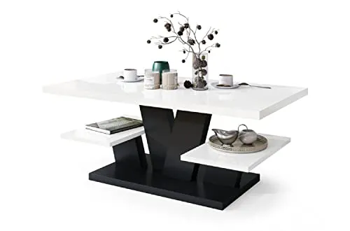 All4All Couchtisch Valerio - Wohnzimmertisch - Kaffeetisch – Tisch mit Ablagen - Esszimmertisch - Coffee Table - 110x60cm - 05- Weiß Hochglanz + Schwarz