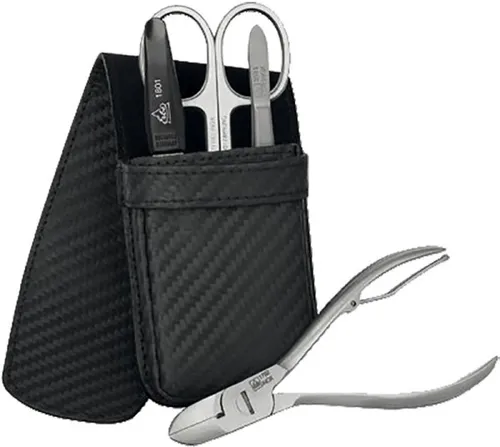 Erbe Collection Carbon Maniküre Steck-Etui Maniküre-Set 9495 - Maniküre- & Pediküre-Set, flaches Travel-Etui aus hochwertigem Carbon-Leder mit 4 rostfreien Instrumenten für perfekte Pflege unterwegs.