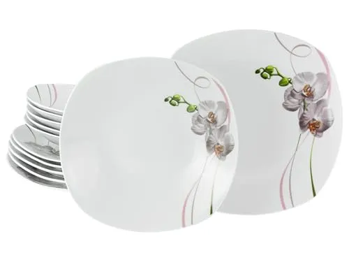 CreaTable 24025 Serie Square Orchidee - 12-teiliges Geschirrset für 6 Personen - Tafelservice aus hochwertigem Porzellan, spülmaschinen- und mikrowellengeeignet, mit elegantem Orchideen-Dekor für eine stilvolle Tischdekoration.