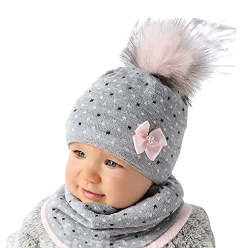 Smarilla Baby Mädchen Winter Mütze Set Loop Schlauchschal Bommel Strick Größe 44/46, Farbe: Grau-Hellrosa