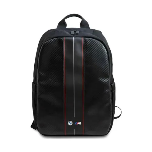 BMW Carbon & Red Stripe Rucksack für Laptop 16 – Schwarz - Laptop-Rucksack mit hochwertigem Carbon-Finish, spezieller Tasche für 16''-Laptops und sportlich-elegantem Design – ideal für Büro und Reisen.
