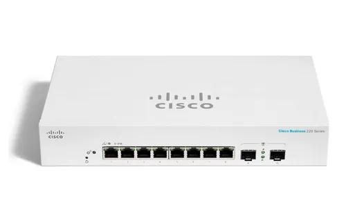 Cisco Switch Business 220-Series 10-Port 1GbE CBS220-8T-E-2G-EU - 10-Port Smart Managed Switch mit 8 RJ45-Ports und 2 SFP-Ports. Lüfterloses Design für leisen Betrieb und niedrigen Energieverbrauch, ideal für Büros.