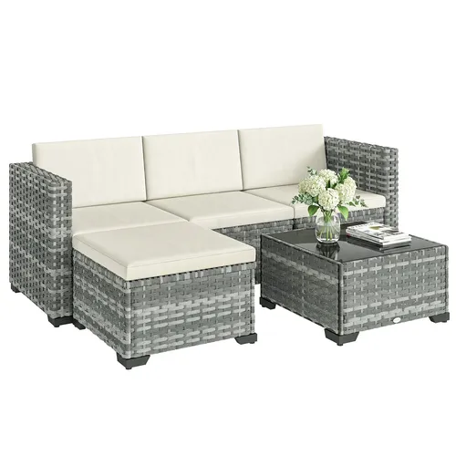Polyrattan Gartenmöbel Set 5-teilig mit Lounge Sofa und Tisch - Elegantes 5-teiliges Set aus UV-geschütztem PE-Rattan, ideal für den Outdoor-Bereich. Wetterbeständig und komfortabel mit Kissen für bis zu 4 Personen.