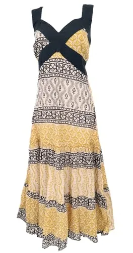 GURU SHOP Boho Sommerkleid, Maxikleid, Strandkleid - Beige/gelb, Damen, Baumwolle, Size:M/L