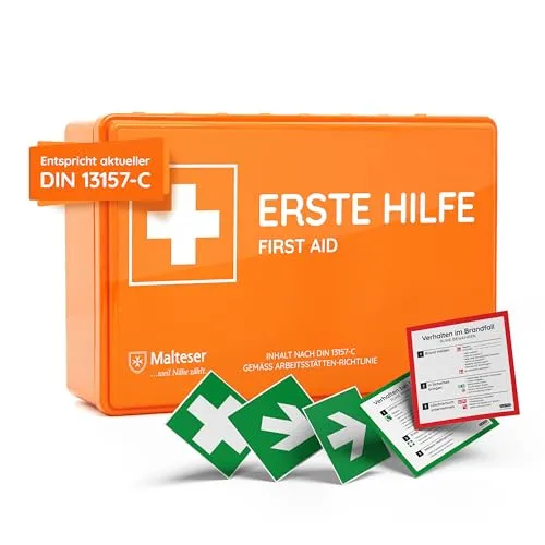 Verbandkasten C nach neuer DIN 13157:2021, mit Wandhalterung/Wandmontage, Betriebsverbandkasten/Erste-Hilfe-Kasten für Betriebe, Büro & Baustelle gemäß ASR, orange (Betriebsverbandkasten)