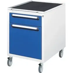 Rau Rollcontainer aus Metall, lichtgrau/blau, abschließbar - Unterbauschrank mit 1 Schub und Hängeregistratur, ideal für Sicherheit und Ordnung im Büro. Made in Germany, mit Zentralverschluss und 90% Teilauszug.