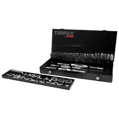 TERRAX by RUKO Gewindeschneidwerkzeug-Satz M HSS - 54 tlg. - Zubehör für Elektrowerkzeug: 54-teiliges Gewindeschneidwerkzeug-Set aus HSS für präzise Gewindeschnitte in unlegierten und niedriglegierten Stählen bis 800 N/mm² Festigkeit.
