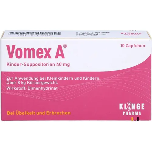 Vomex A Kinder-Suppositorien 40mg - 10 Zäpfchen - Praktische Zäpfchen zur Anwendung bei Übelkeit für Kleinkinder ab 8 kg. Ideal für die Reisevorbereitung, einfach zu dosieren und gut verträglich.
