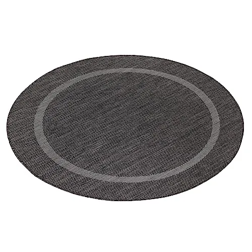 Teppium Outdoor Teppich Wetterfest 120 cm Rund Schwarz Sisal Optik - Küchenteppich Waschbar rutschfest, Wasserfest, Bordüre, Pflegeleicht - Ideal für Balkon, Terassen, Garten, Camping oder Küche