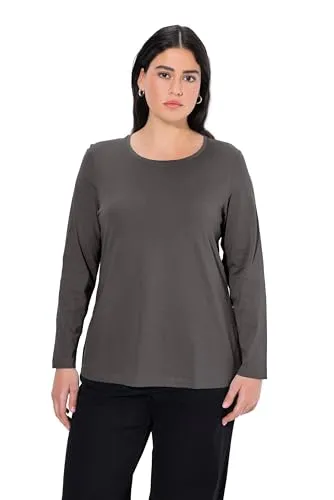 Ulla Popken Damen große Größen Übergrößen Plus Size bis 64, Oberteil, Langarmshirt, Basic, Langarm, Rundhalsausschnitt, Graphitgrau 46+ 646801110-46+