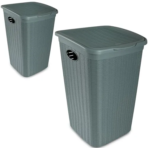 2x Wäschekorb 50 Liter groß Grün - Rattanoptik mit Deckel - aus recyceltem Kunststoff Wäschesammler mit Löcher 38x36x54cm Wäschebox Wäschesortierer Haushaltskorb Haushalt Wäschetruhe Wäschetonne
