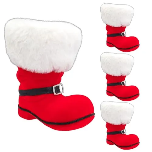 Idena 90496 - Nikolausstiefel ca. 13 x 9 x 14,5 cm, 4 Stück, rot beflockte Weihnachtsstiefel mit Schnalle und Fellbesatz, als Weihnachtsdekoration oder Geschenkverpackung