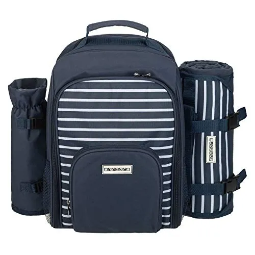 anndora Picknickrucksack 15 TLG. mit Picknickdecke - Vollausgestatteter Picknickrucksack für 2 Personen, inklusive isoliertem Thermofach und stylischer blau-weiß gestreifter Decke, ideal für entspannte Ausflüge.