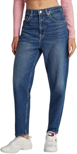 Tommy Jeans Damen Mom-Fit Jeanshose, Blau (Denim Dark) - Jeans, ikonischer 5-Pocket-Style mit hohem Tragekomfort und lässigem Schnitt, perfekt für Büro und Alltag.