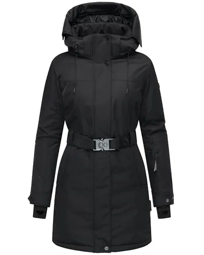 Navahoo Damen Wintermantel warmer Parka mit abnehmbarer Kapuze und Taillengürtel Frostkuss 14 Black Gr. M
