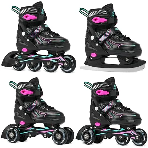 CROXER Optima 4in1 Inline Skates Triskates Rollschuhe Schlittschuhe Inliner für Kinder Erwachsene verstellbar (Mint/Pink, 35-38 (21cm-23cm))