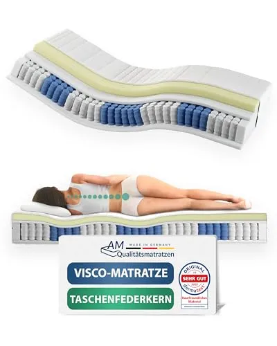 AM Qualitätsmatratzen Visco-Taschenfederkernmatratze 140x200cm H3 - Matratzen mit 7 Zonen für optimale Druckentlastung und Körperanpassung. Ideal für Allergiker, waschbarer Bezug und 30 Nächte Probeschlafen.