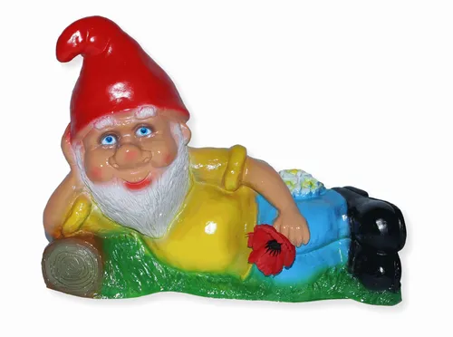 Gartenzwerg Garten Zwerg Figur liegend mit Blume aus Kunststoff Höhe 21 cm