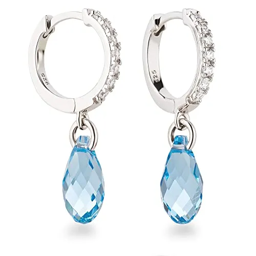 Schöner-SD Ohrhänger Creolen mit Kristall Tropfen - Aquamarin Blau - Elegante Ohrringe aus 925 Silber mit glitzernden Kristall Tropfen im Briolettschliff, perfekt für jeden Anlass. Hochwertige Materialien und Rhodium-Beschichtung garantieren Tragekomfort und Langlebigkeit.