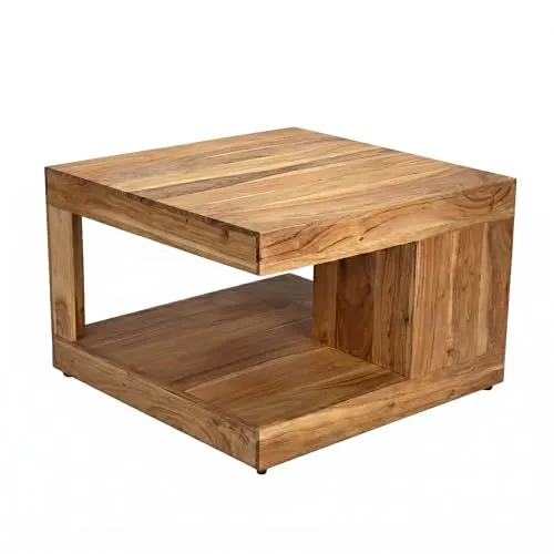 Wohnling Couchtisch Akazie Massivholz 60cm - Quadratischer Wohnzimmertisch mit Ablagefach - Design Sofatisch Holz - Offener Loungetisch - Natur Beistelltisch Handmade