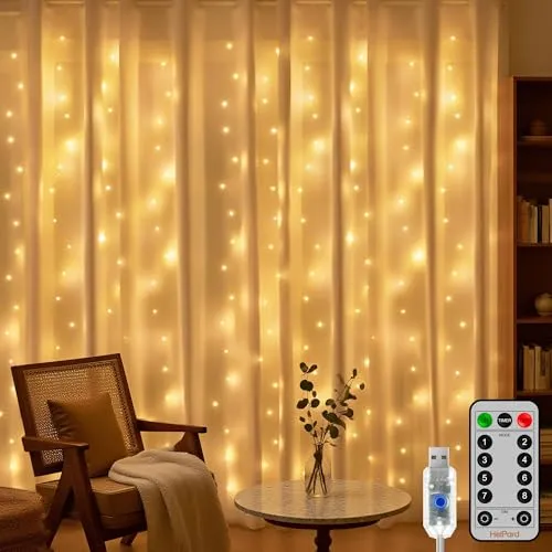 HeiPard LED Lichtervorhang Innen 3x2m, 200 LEDs Warmweiß, Vorhang Lichterkette mit 8 Modi, Timer & Fernbedienung für Weihnachtsdeko, Fensterdekoration und Innenbereich
