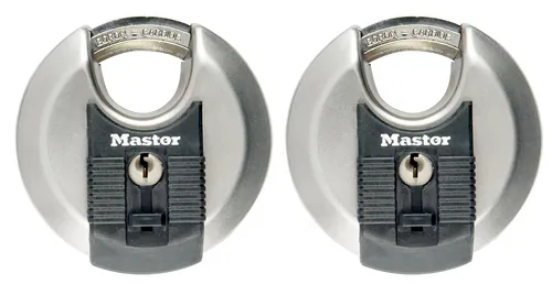 Master-Lock Excell Disc Vorhängeschloss, 70mm, wetterfest, 2 Stück - Vorhängeschlösser, wetterfest und mit hohem Sicherheitslevel 8, ideal für Garten, Gewerbe und mehr. Extra sicher durch Borcarbid-Bügel und rostfreien Edelstahl.