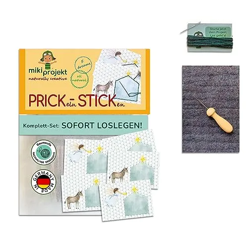 mikiprojekt® 2in1 Premium Prickelnadel Set Kinder inkl. Stickbilder, Wollfilz - ohne Plastik, made in Germany - Sicheres Prickeln & Sticken Kinder Set aus unbedenklichem Premium Material - Prickelset