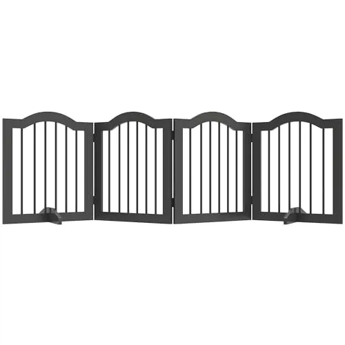 PawHut Absperrgitter Hund 4-teilig, 208 x 61 cm Faltbar Hundegitter mit Tür, Türschutzgitter mit 2 Stützfüßen, Freistehend Treppengitter für Küche, Flur, Schwarz