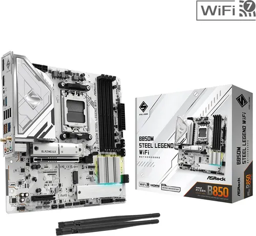 ASRock B850M Steel Legend WiFi Mainboard - Micro-ATX Mainboard mit AMD B850 Chipsatz, Sockel AM5 und Unterstützung für 4x DDR5 Speicher, ideal für leistungsstarke Gaming-PCs.