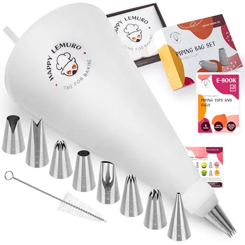 Premium Spritzbeutel mit Tüllen | 35 cm Spritztüte aus Baumwolle mit 8 Spritztüllen - spülmaschinenfest und wiederverwendbar - für Kuchen, Cupcakes, Baiser, Churros und Kekse