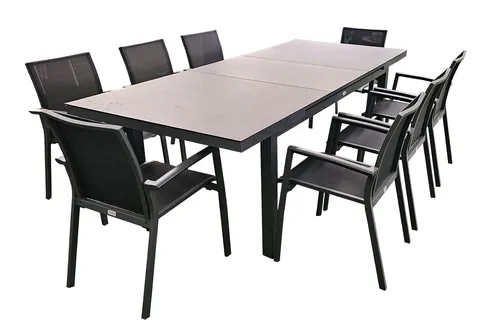 TEICO GROUP Garten-Essgruppe 9-tlg. mit ausziehbarem Tisch - Essgruppen Set mit 8 stapelbaren Stühlen und einem ausziehbaren Tisch (180-240 cm) aus pflegeleichtem Aluminium, ideal für Gartenpartys und entspannte Stunden im Freien.