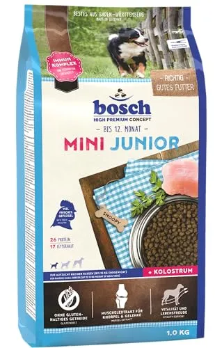 Bosch HPC Mini Junior Hundetrockenfutter 15 kg - Glutenfreies Hundefutter für kleine Rassen, reich an frischem Geflügel und Kolostrum zur Stärkung der Abwehrkräfte und Gelenke.
