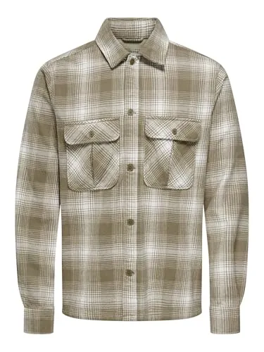 ONLY & SONS Hemd Beige/Weiß XL für Herren - Herren Plussize Hemd von ONLY & SONS in Beige/Weiß, aus 100% Baumwolle, mit klassischem Kent-Kragen und modischem Karo-Muster - ideal für einen eleganten Look.