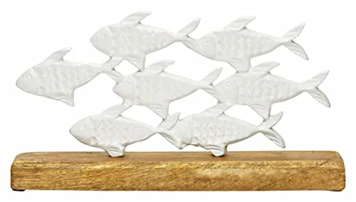 Spetebo Maritimer Deko Aufsteller Fischschwarm - 30 x 16 cm - Fische aus Metall mit Mangoholz Fuß - Tischdeko Ständer Fische auf Holz Standfuß