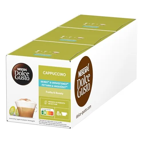 NESCAFÉ DOLCE GUSTO Cappuccino ungesüßt Kaffeekapseln 3er Pack - Genießen Sie 100% Cappuccino-Geschmack mit zartem Milchschaum. 50 Kalorien pro Tasse, ideal für jeden Moment. Kompatibel mit NESCAFÉ Dolce Gusto Maschinen und recycelbar.