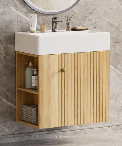 Yorbay Waschtisch Badmöbel mit Waschbecken 55 cm - Kompakter Waschtischunterschrank mit integriertem Hochglanz-Keramikbecken für kleine Badezimmer. Bietet optimalen Stauraum und einfache Montage für ein modernes und aufgeräumtes Bad.