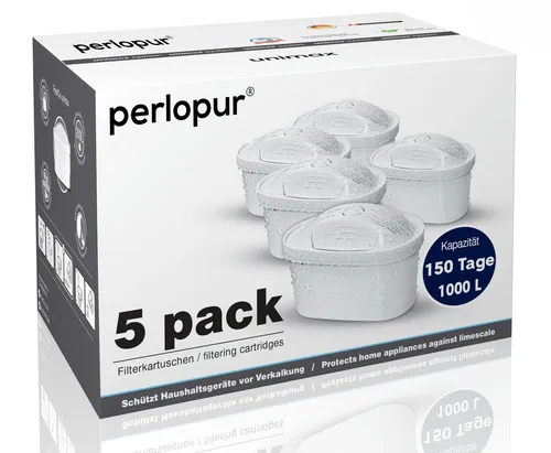 PearlCo Filterkartusche unimax, 5 Stück für Brita Tischwasserfilter - Wasserfilterkartuschen für Trinkwasser, filtert geschmacks- und geruchsstörende Stoffe, ideal für 200 Liter Wasser, reduziert Kalkablagerungen und sorgt für frisches Trinkwasser.