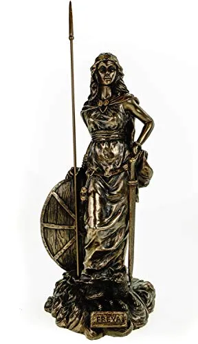 VOGLER Freya Figur - nordische Göttin der Liebe - Detailreiche Statue aus Polyresin mit echtem Bronzeüberzug, ca. 30 cm hoch (mit Speer 33 cm), ideal als Geschenk und zur Dekoration.