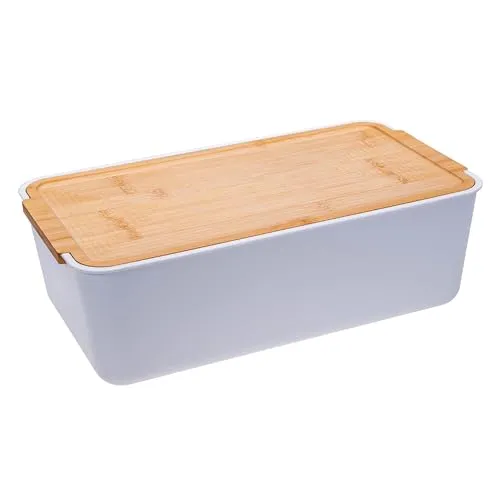 KaMel GmbH Brotkasten mit Schneidebrett aus Bambus-Holz, moderne Brotbox mit Deckel aus hochwertigem Kunststoff in weiß oder schwarz (rechteckig - weiß)