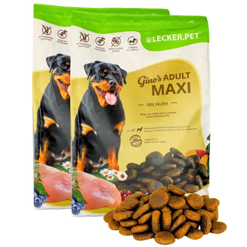 Lecker.Pet® Gino's Adult Maxi Hundefutter mit Huhn - 8 kg - Hundefutter für große Hunde, mit 22% Huhn und wertvollen Antioxidantien für ein gesundes Immunsystem und Gelenkgesundheit.