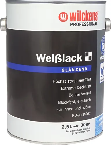 Wilckens Professional Weißlack 2,5 L Glänzend - Hochwertiger Weißlack für perfekte Oberflächen, glänzend und ideal für Möbel und Wände. 2,5 L für mindestens 2 Anstriche.