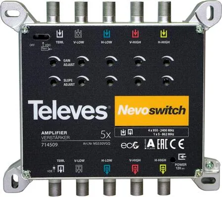 Televes MS530VGQ NevoSwitch Verstärker - 5 Eingänge, 30dB - Antennenverstärker mit hohem Ausgangspegel und einstellbarem Pegelsteller, ideal für optimale TV-Signalqualität in Ihrem Zuhause.