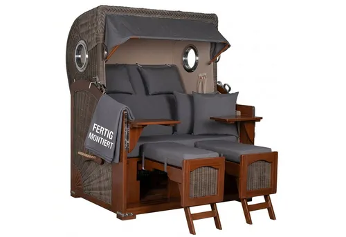 MR.DEKO Strandkorb 2-Sitzer Düne Bullauge Vollholz PE-Geflecht grau 125x170x80, BxTxH: 125x80x170 cm, 2-Sitzer Strandkorb, Strandkorb Düne Bullauge, (Fertig montierter Strandkorb für Garten, Terrasse & Balkon), Wetterfester Volllieger mit Edelstahlbeschlägen & waschbaren Polstern