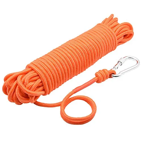 HHOOMY Magnetangel-Seil mit Metallhaken, 20m Nylon-Seil (8mm) - Hochfestes Allzweckseil für Outdoor & Haushalt, Orange