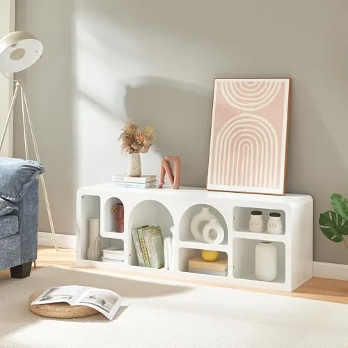 [en.casa] Fernsehtisch Vågå - Moderner TV Schrank mit Stauraum - TV-Halterungen: Stilvoller Fernsehtisch mit 7 offenen Ablagefächern für optimalen Stauraum und unkomplizierten Aufbau, ideal für jedes Wohnzimmer.