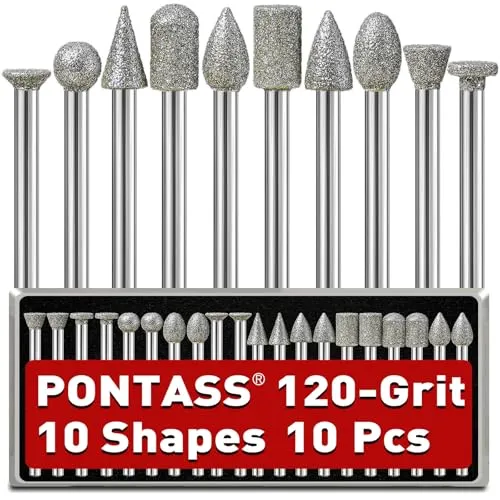 Diamond Schleifstifte Set für Dremel Zubehör, 10 Pcs Rotationsfräser Bohrfräswerkzeug Set, 120 Körnung Fräser Bit mit 3mm Schaftschaft für Stein, Glas, Schnitzen, Jade, Hartholz, Fliesen, Keramik