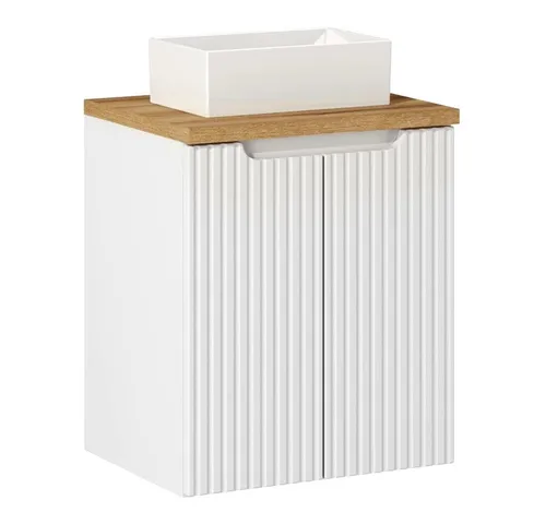 Lomadox Waschtisch NEWPORT-56-WHITE mit Aufsatzwaschbecken - Eleganter Badezimmerwaschtisch in Weiß mit Eiche, 50 cm breit. Zwei grifflosen Drehtüren bieten praktischen Stauraum. Ideal für stilvolle und funktionale Badezimmergestaltung.