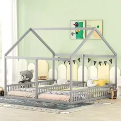 Flieks Kinderbett Hausbett 90x200cm - Massivholzbett für 2 Kinder mit Rausfallschutz, ideal für kreative Träume und sicheres Schlafen im Kinderzimmer.
