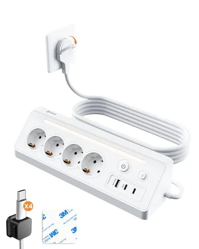 Honizer 7-in-1 Desktop Steckdosenleiste, 4-Fach Ecksteckdose Flachstecker mit 1 USB-A & 2 USB-C, 16A 3680W Mehrfachsteckdose mit 2 Schalter, 2M Kabel& LED-Nachtlicht für Küche/Büro/Nachttisch