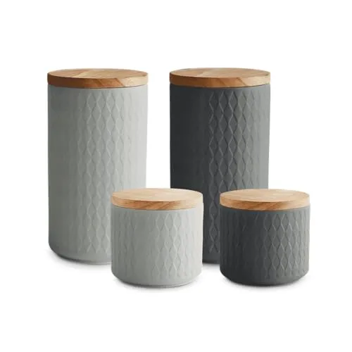 SPRINGLANE Keramik Vorratsdosen 4-tlg. Set mit Holzdeckel Grau - Glasbehälter & Töpfe – Robuste Keramikdosen mit aromaneutraler Glasur, ideal zur stilvollen Aufbewahrung von trockenen Zutaten in verschiedenen Größen.